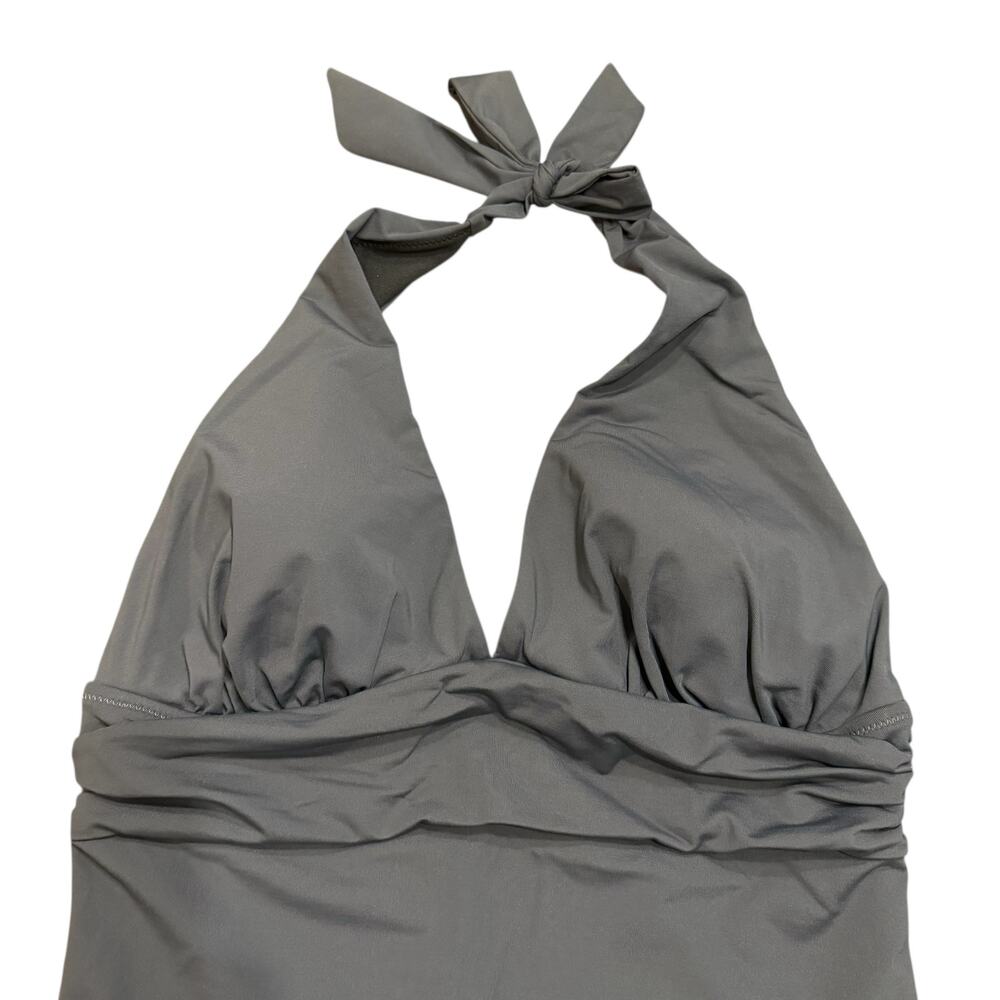Lands End Womean charcoal gray lounge v-neck one-piece halter swimsuit, Size 14